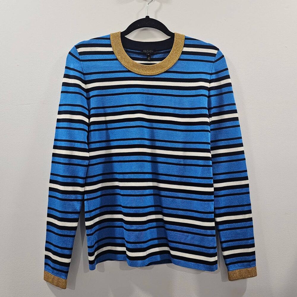 Escada Striped Pullover Sweater Blue Black White Gold Metallic Sheen Women M